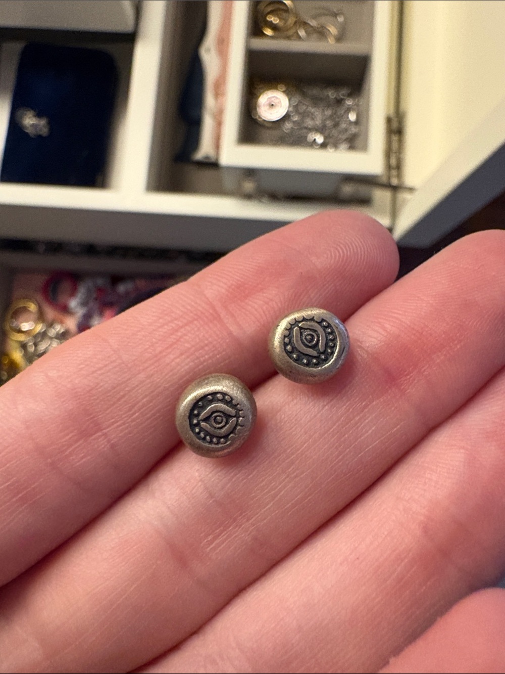 Evil Eye Stud Earrings in Antique Brushed Silver